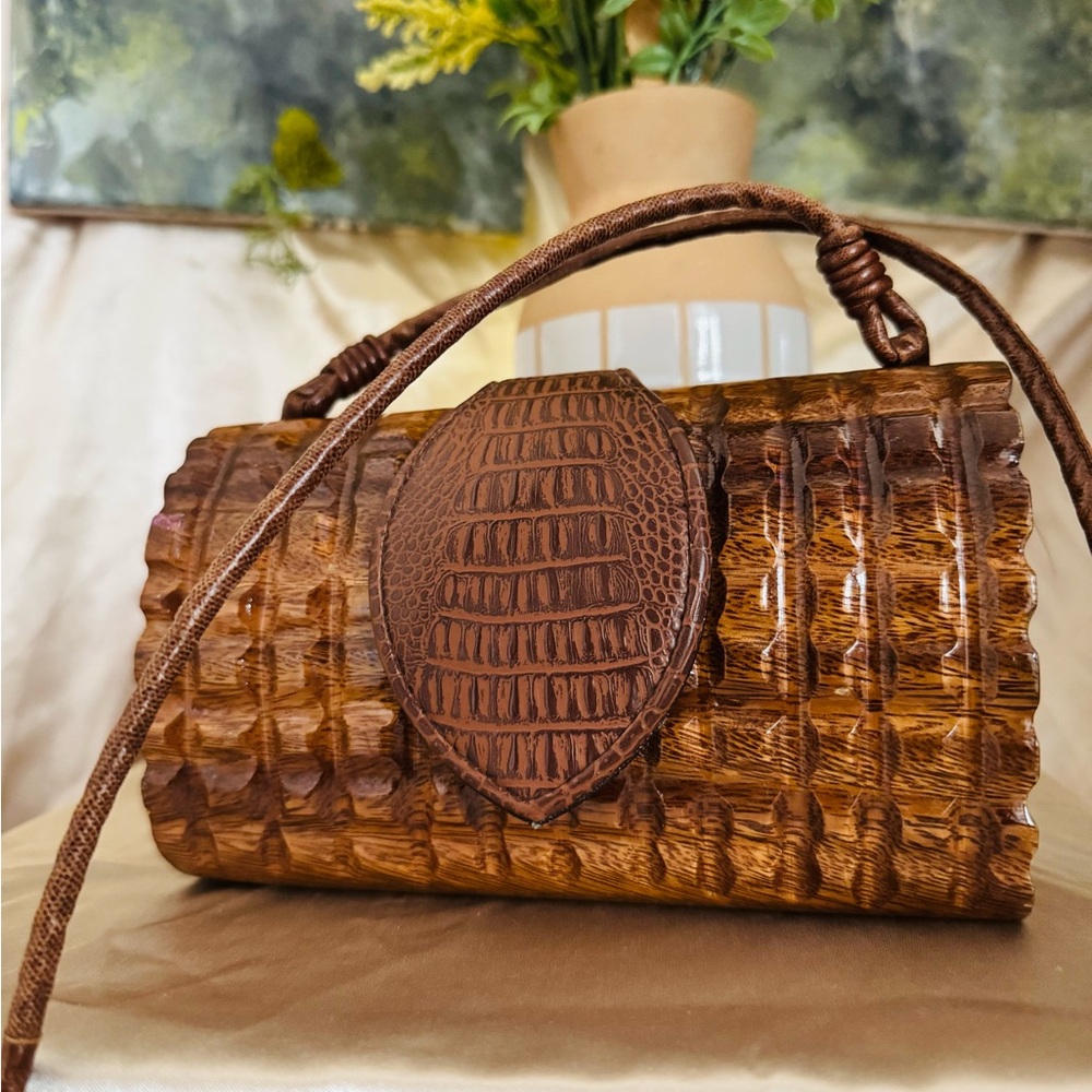 Timmy Woods Handmade Woven Wood & Leather Bag – Vintage Statement purse 👜